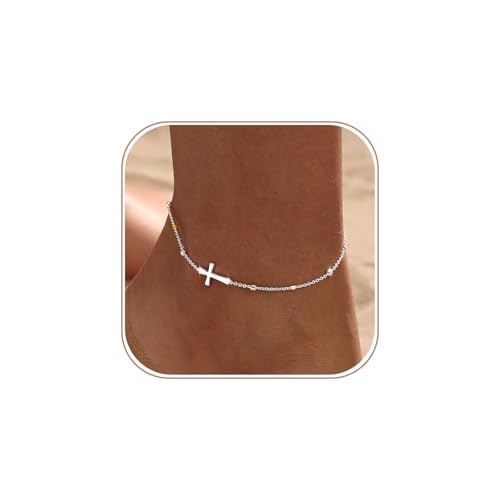 JIKASI Ankle Bracelets for Women Silver Plated Cross Anklet Waterproof Adjustable Beaded Chain Non Tarnish Cute Boho Trendy Dainty Summer Beach Foot Jewelry Gift for Her
