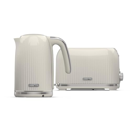 GEEPAS Fluted 1.7L Kettle & 2 Slice Toaster Kitchen Combo Set | 3000W Rapid Boil Cordless Kettle Auto Shut-Off | 1750W Toastie Machine 6 Browning Level Removable Crumb Tray Cord Storage | Cream