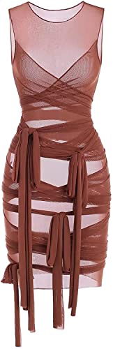 ELizoop Damen Sheer Mesh Wrap-Tie Slinky Bodycon Verbandkleid Korsett Bustier Kleid Minikleider für Party Club (1_Wine,Small,S) Cover
