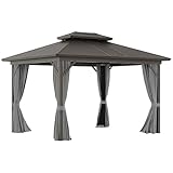 Outsunny 10' x 12' Hardtop Gazebo with Curtains and Netting, Permanent Pavilion Metal Double Roof Gazebo Canopy with Aluminum Frame and Hooks, for Garden, Patio, Backyard, Gray