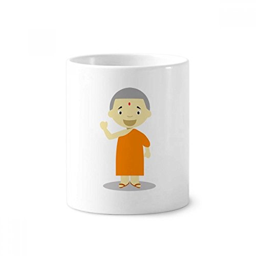 Pot à crayons céramique moine orange pour organiser un bureau encombré proprement
