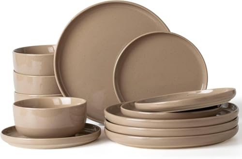 Richmount Milkyway Plates and Bowls Set, 12 Piece Dinner Set, Speckled Stoneware Dinner Set for 4, Chip and Scratch Resistant Dinnerware Sets, Dishwasher & Microwave Safe, Cinnamon Brown