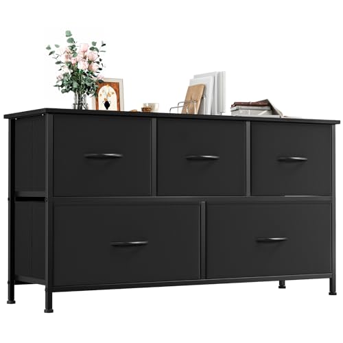 Somdot Comoda Dormitorio, Cajonera con Cajones de Tela, Armario para Salón, Estudio y Habitación Infantil, Gavetero, 30 Profundidad x 100 Ancho x 55 Alto (5 Cajones), Negro