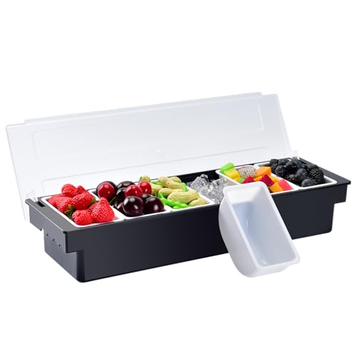 V·RESOURCING Ice Chilled Condiment Caddy with 6 Containers(16.9oz),Divided Serving with Ice Chamber,Ice Cooled Condiment Serving Container with Lid for Salar Bar,Fruit,Veggie,Candy,Snack,Sauce