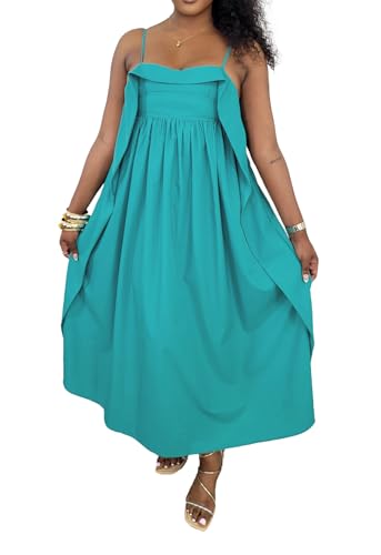 Image of YUEWOO Midi Dresses for Women Casual Summer Sundresses Vacation Outfits Spaghetti Strap Smocked Women Maxi Dress with Pockets