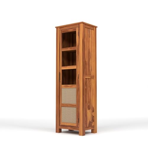 Image of Solid Sheesham Wood Bookshelf with Acrylic Glass Door | Rosewood Kitchen Cabinet with Storage Shelves for Dining Room & Office (B-Natural Finish)