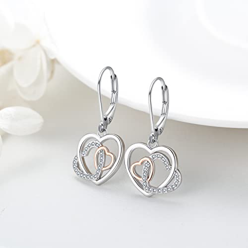Birthstone Drop Earring 925 Sterling Silver Heart Dangle Earrings Double Heart Jewelry Gifts for Women Valentine's Day Mothers Day4