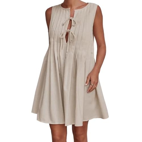 Womens Summer Sleeveless Pleated Dress Tie Front Loose Casual Short Sun Dresses Apricot Small