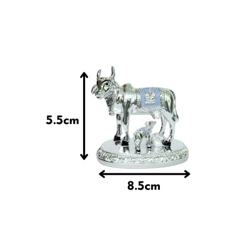 Image of Oval Base Silver Cow with Calf Small | Silver Plated Kamadhenu Idol for Pooja, Vastu, Festival, Diwali,Mandir Decor & Auspicious Gift | Hindu God for Temple | Size 8.5 cm x 5 cm x 5.5 cm