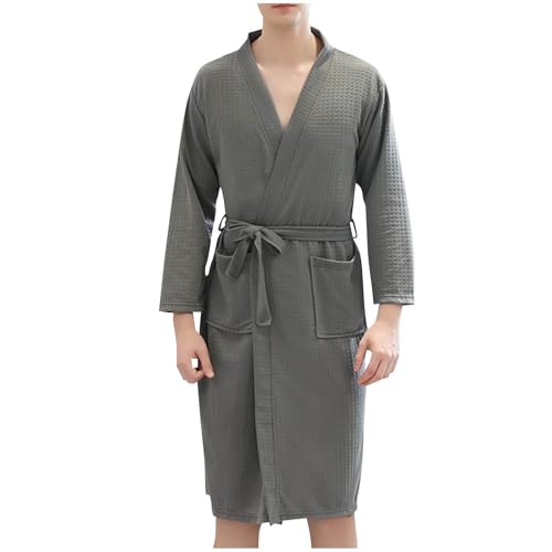 Mens Waffle Robe Spa Bathrobe Shower Robes Long Sleeve Solid Color Fashion Sleepwear Lace Up Robes with Pockets4