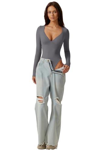 Image of QINSEN Women's Long Sleeve Bodysuit V Neck Body Suits Seamed Cup Going Out Tops Shirt