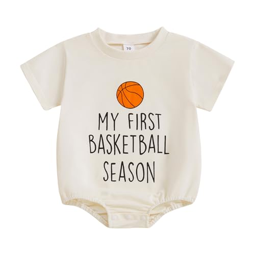 Image of MOLZULAMS Newborn Baby Girl Boy Clothes Basketball Short Sleeve Letter Print Bubble Romper One Piece Bodysuit Summer Outfit