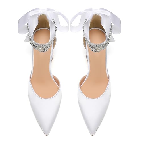 Bridal Wedding Shoes, Closed Toe Pointed Toe White Heels, Women's Chunky Heels with Bow and Crystal Pearl Ankle Strap4