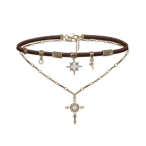 Retro stylish Star Cross Pendant Necklace Faux Leather Women's Co...