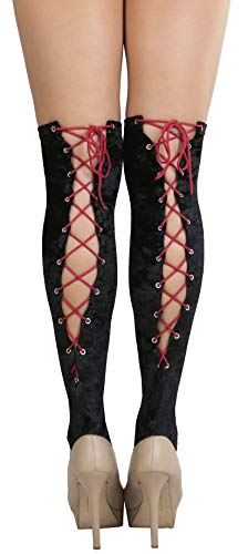 Image of ToBeInStyle Women's Lace Up Back Seam Tights Sheer or Opaque Hosiery Stockings Crisscross Lace Ribbon Zigzag Design