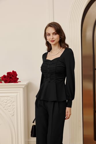 Belle Poque Peplum Tops for Women Square Neck Long Sleeve Blouses Ruffle Hem Smocked Elegant Shirts2