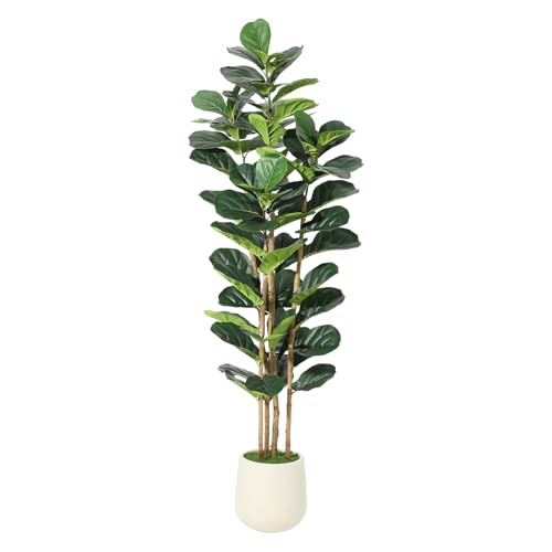 Artificial Fiddle Leaf Fig Tree with White Planter, 6 ft Tall Fake Plant with Natural Wood Trunk, Faux Ficus Tree Potted Moss for Home Office Living R