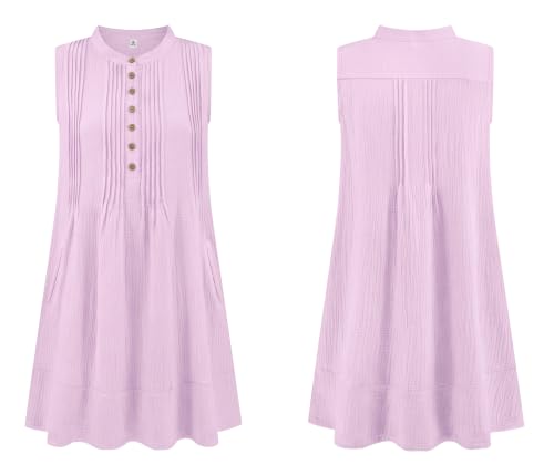 Image of R.Vivimos Sleeveless Cotton Casual Dresses for Women Summer 2026 Button Up Ruched Loose Tunic Mini Dress with Pockets
