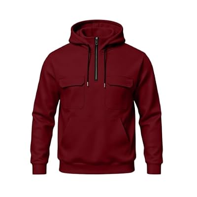 Mens Utility Hooded Sweatshirt Long Sleeve Drawstring Loose Hoodies Fall Winter Athletic Outdoor Tops with Pockets Wine