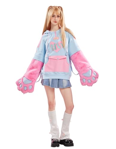 Winx Club Womens Pullover Hoodie with Detachable Furry Cat Paw Gloves and Handbag Dual-purpose Designed Sleeve