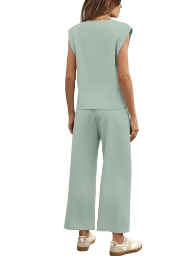 Image of SAMPEEL Two Piece Sets for Women Casual Travel Vacation Outfits Summer Wide Leg Crop Pants Lounge Sets