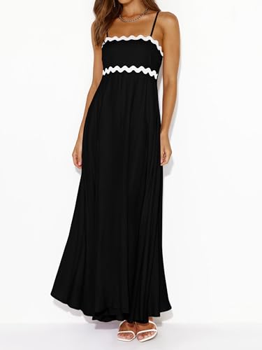 Image of PRETTYGARDEN Women Spaghetti Strap Boho Maxi Dresses Flowy | Sleeveless Smocked Long Dress, Striped Trim Flowy Dress Pockets, Elegant Square Neck Beach Sundress, Casual Summer Outfits