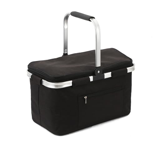 30L Large Picnic Basket, Foldable and Insulated Wild Outdoor Camping Picnic Large Capacity Picnic Basket with Handle for Picnic, Takeout, Shopping, Camping, Traveling (Black)