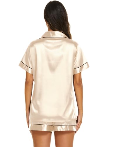 Image of Ekouaer Silk Pajamas for Women Short Sleeve Sleepwear Soft Button Down Loungewear 2 Piece Satin Pjs Shorts Set