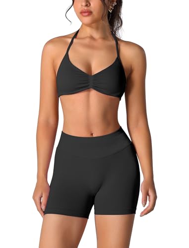 Image of ABOCIW Womens Seamless Workout Sets 2 Piece Strappy Halter Sports Bra Scrunch Butt Shorts Gym Yoga Outfits