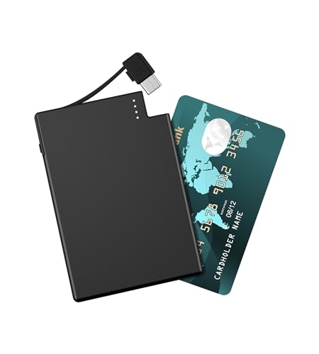 TNTOR Ultra Thin Power Bank with Built in USB-C Cable, Credit Card Size for Pocket Wallet Portable Charger [Only 0.16 inch] Compatible with iPhone 15 Samsung, Google, LG, Moto etc (Black)