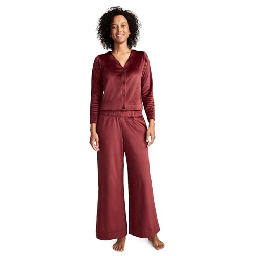 Jockey Women's Sleepwear Velour Button Top and Wide Leg Pant Sleep Set, Deep Cranberry, XL