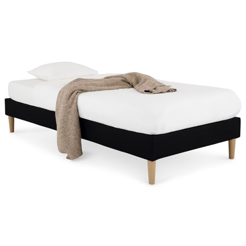 IDIMEX Sommier tapissier PAIMPOL 90 x 190 cm Structure en Bois et revêtement en Tissu Noir, Cadre de lit avec Pieds et sommier à Lattes pour 1 Personne