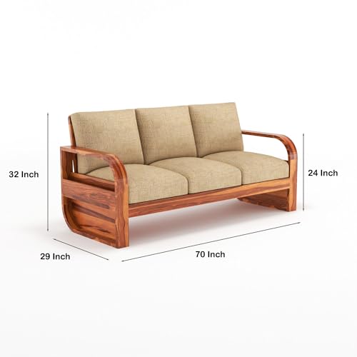 Image of Solid Sheesham Wood 4 Seater Sofa Set | Wooden Sofa Set for Your Living Room with Brown Cushions | Four Seater Sofa Set for Home (3+1 Mett, Honey)
