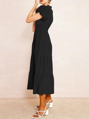 Wenrine Womens Summer Midi Dress Puff Short Sleeve V Neck Flowy Tiered Beach A-Line Dresses4