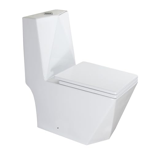 WinZo Rear Outlet Toilet Rectangular Bowl with Diamond-shaped Sleek Design Square Dual Flush,Back Wall Discharge For Basement,White