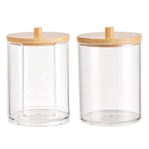 Nolvireth 2Pcs Cotton Pad Storage Containers with Bamboo Lids, Makeup Organizer Dispenser for Bathroom, Cotton Ball, Floss, Hair Clips Holder