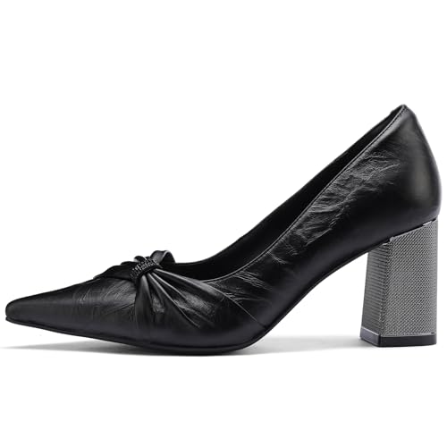 TDD Bow Leather High Heels for Women Chunky Block Pointed Toe Pumps Closed Toe Dressy Comfortable Sexy Elegantes Wedding Slip On Formal Prom Sparkly 3 Inch Shoes2