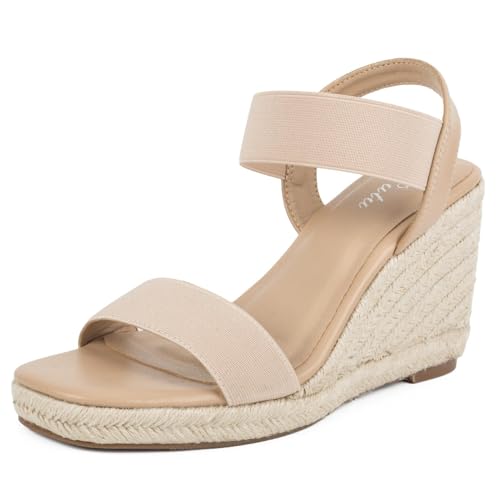 Putu Espadrille Platform Wedge Sandals for Women Square Open Toe Dressy Wedges with Elastic Ankle Strap