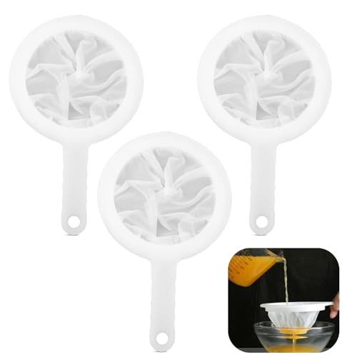 Firavggu Tamiz Fino de Nylon de 100 Mallas con Mango de Plástico Colador de Cocina, Multiuso de Colador Tela 10.8cm- Juego de 3 - Filtro de Cocina de Malla Fina para Jugos, Leche, Café