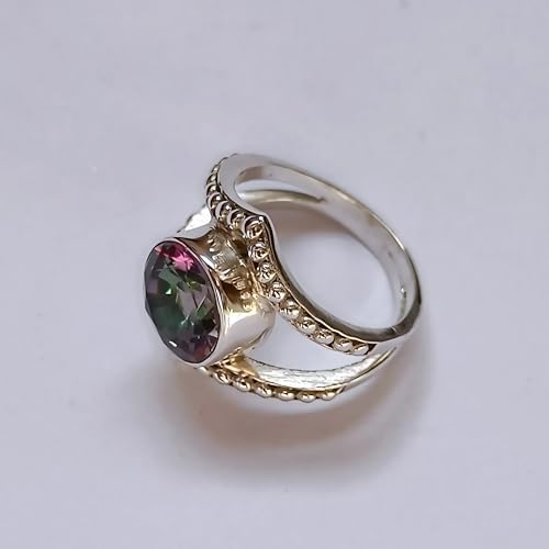 Mystic Topaz Ring, 925 Sterling Silver Statement Promise Ring for Women, Handmade Mystique Topaz Round Gemstone Jewelry Boho Gift
