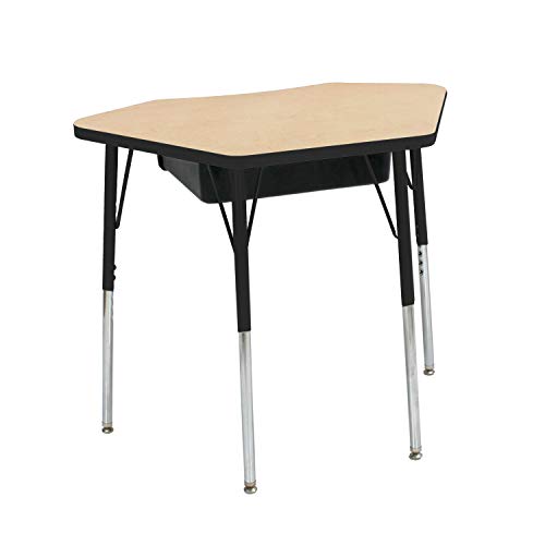 Image of FDP Petal Open Front Student Desk (24 x 36 inch) Table, Book Box for Classroom School Supplies, in-Home Learning, Adjustable Standard Swivel Glide Legs 19-30in (2pk)- Maple Top /Black Edge /Black Legs