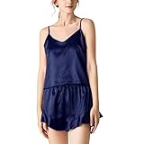 BEIJIXING Satin Pyjama Damen Schlafanzug Damen Kurz Set Spitze Top Und Hose Set Schlafanzüge Mit Herzen Pyjama Set Pyjamaoberteil (Marine,S)