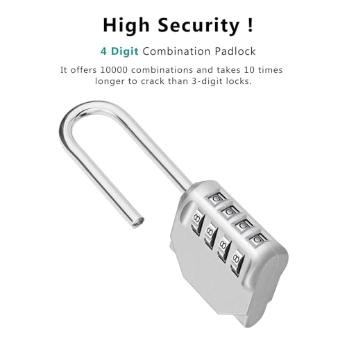 Image of Combination Padlock, 4 Digit Lock Set, Long Shackle Lock, Re-settable Combo Lock, School Locker, Employee Locker for Outdoor, Fence, Gate, Hasp and Storage | 2.62 inch Shackle Height, 4 Digit Resettable Combination Lock for Outdoor Shed, Fence Gate, Coded Padlock for Locker