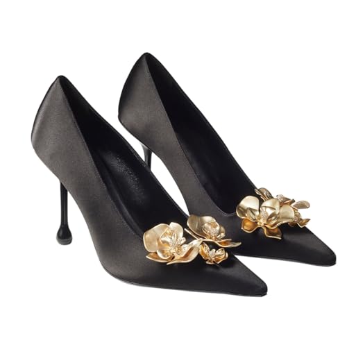Vertundy Women's Satin Stiletto Pumps with Metal Flowers Classic Pointed Closed Toe High Heels Elegant Dress Shoes