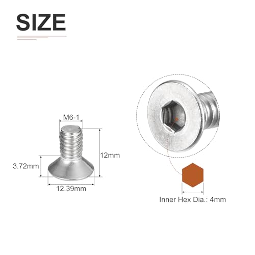 Image of DTGN M6-1 x 12mm Flat Head Socket Cap Screws, 100 Pack 304 Stainless Steel Hex Socket Flat Head Screws, Full Thread, Countersunk Bolts