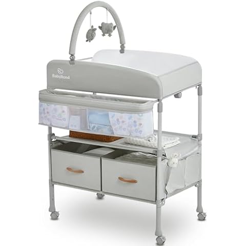 Portable Baby Changing Table with 2 Storage Baskets, BabyBond Foldable Changing Table Dresser Waterproof Diaper Changing Table Height Adjustable Changing Station for Infant and Newborn(Beige) Cover