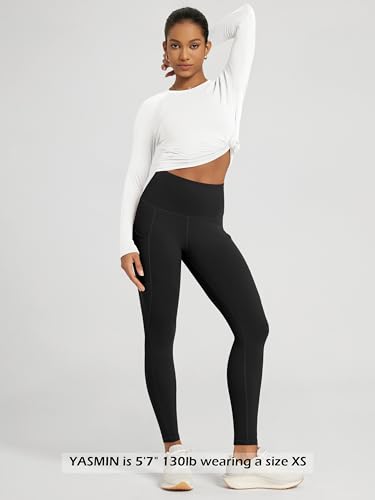 ODODOS Women's High Waisted Full Length Yoga Leggings with Pockets, 28' Inseam Tummy Control Non See Through Workout Athletic Running Yoga Pants, Black, Small