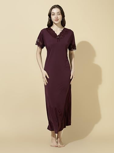 Image of 9shines Label Stylish Soft Modal Maxi Nighty | Honeymoon Nighty | Full Length Trendy Nightgown | V-Neck Lace | Premium Nightdress | Soft Long Nightdress | Maxi Gown Nightwear for Women (Malai Satin)