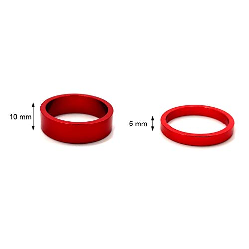 1-1/8 inch Bicycle Headset Spacer Aluminium Alloy Red Stem Headset Spacers Fork Washer Fit for MTB BMX Mountain Bike Road Bikes 1 x 5mm, 4 x 10mm - Thumbnail 2