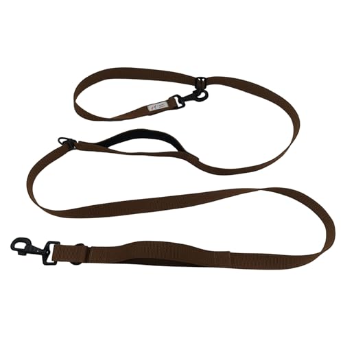 EGV - Correa multiposicion perro con doble asa de neopreno. Correa perro manos libres para usar como correa perro para correr - Correa perro larga de 2,50 metros de longitud. (Marron)